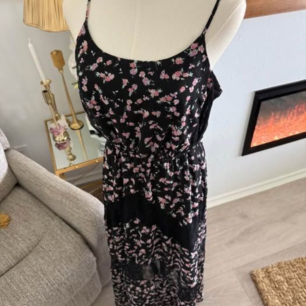 Black Floral Maxi Dress Women Small Boho Lace Layered Spaghetti Straps Size L - Picture 7 of 14